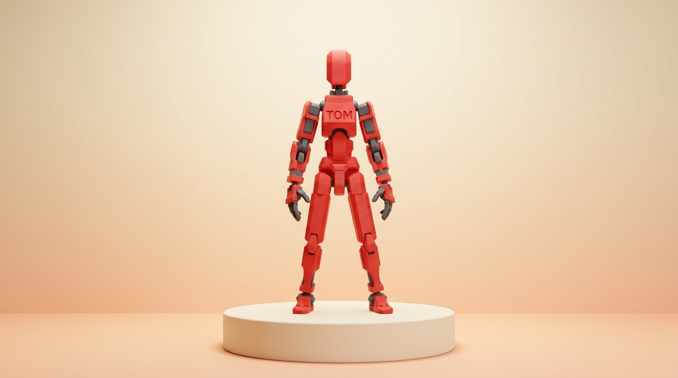 A 3D-printed Dummy 13 action figure with 'TOM' embossed on its chest, posed heroically